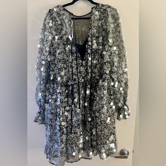 ASOS EDITION mini smock dress in embroidered sequin in black - Picture 4 of 6